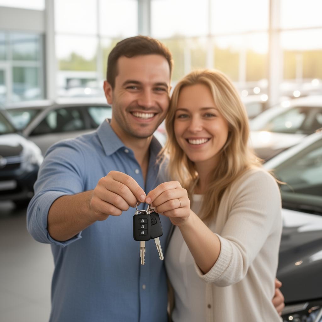 Couple souriant après la vente de leur véhicule