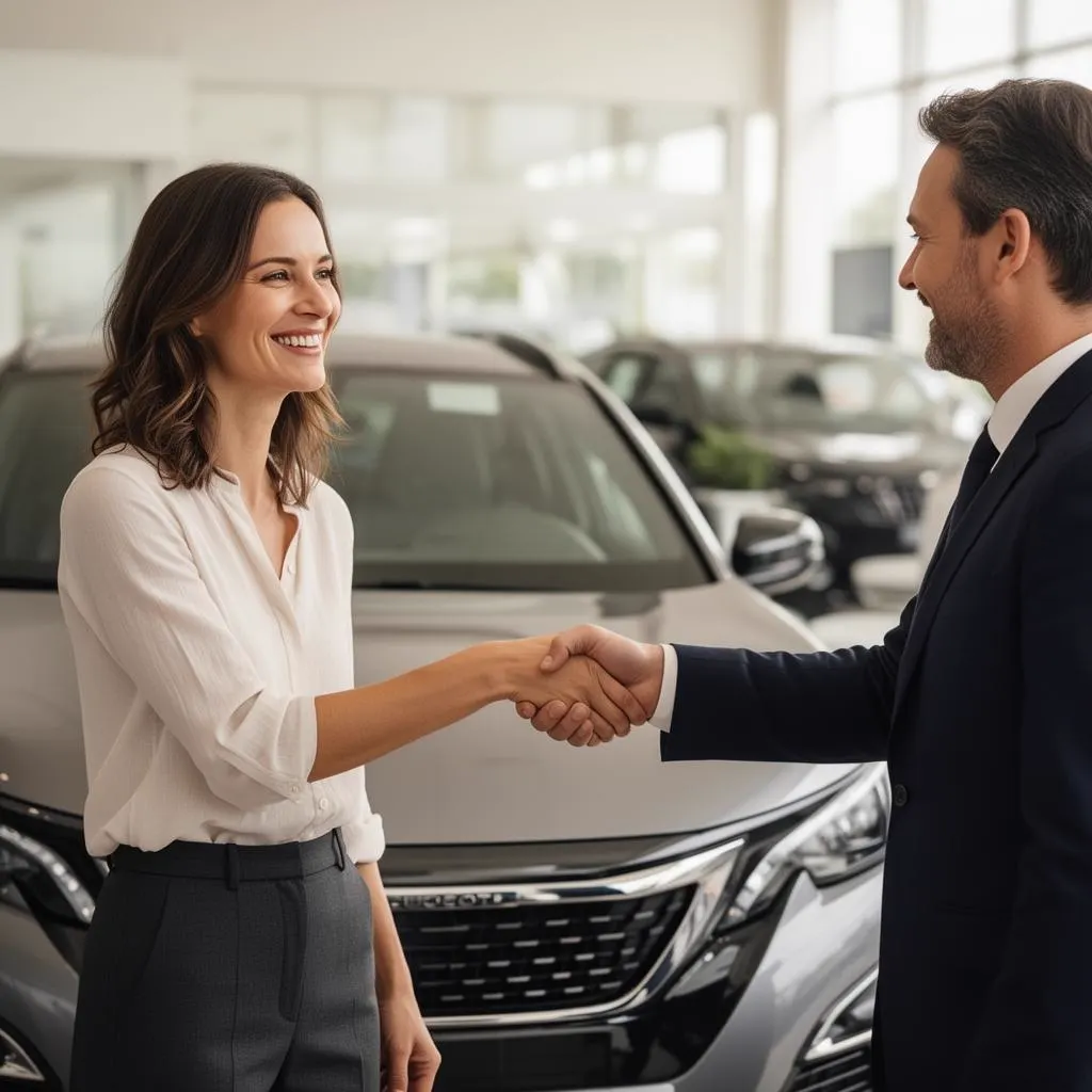Cliente concluant la vente de sa voiture avec un sourire