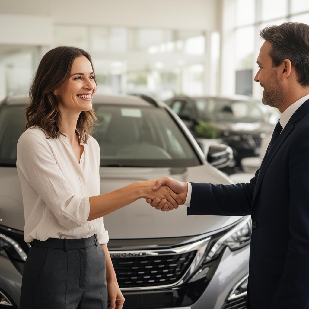 Cliente concluant la vente de sa voiture avec un sourire